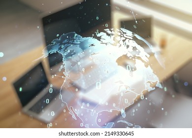 Abstract creative coding illustration with world map and modern desktop with pc on background, international software development concept. Multiexposure