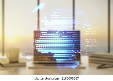 Abstract creative coding illustration with world map on modern computer background, international software development concept. Multiexposure