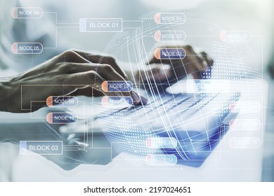 Abstract creative coding illustration with world map and hands typing on laptop on background, international software development concept. Multiexposure