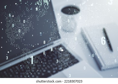 Abstract creative coding illustration with world map on modern computer background, international software development concept. Multiexposure