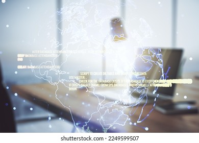 Abstract creative coding illustration with world map on modern computer background, international software development concept. Multiexposure