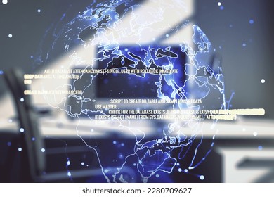 Abstract creative coding illustration with world map and modern desktop with pc on background, international software development concept. Multiexposure