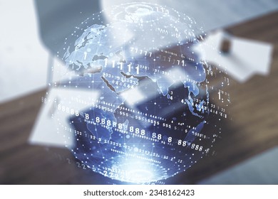 Abstract creative coding illustration with world map and modern desktop with pc on background, international software development concept. Multiexposure