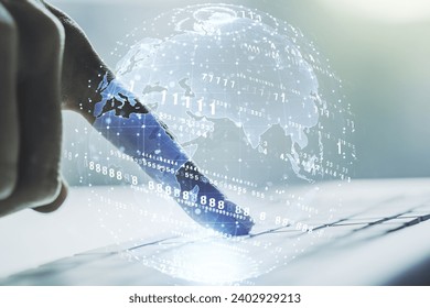 Abstract creative coding illustration with world map and hands typing on laptop on background, international software development concept. Multiexposure
