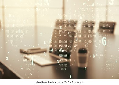 Abstract creative coding illustration with world map on modern computer background, international software development concept. Multiexposure