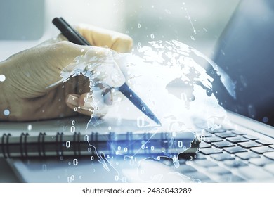 Abstract creative coding illustration with world map and hand writing in diary on background with laptop, international software development concept. Multiexposure