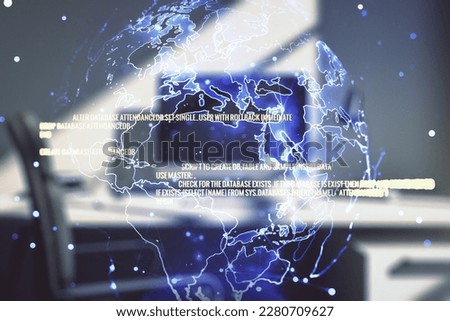 Abstract creative coding illustration with world map and modern desktop with pc on background, international software development concept. Multiexposure
