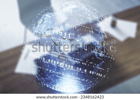 Abstract creative coding illustration with world map and modern desktop with pc on background, international software development concept. Multiexposure