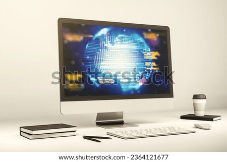 Abstract creative coding illustration with world map on modern computer monitor, international software development concept. 3D Rendering