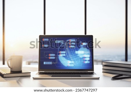 Abstract creative coding illustration with world map on modern computer monitor, international software development concept. 3D Rendering
