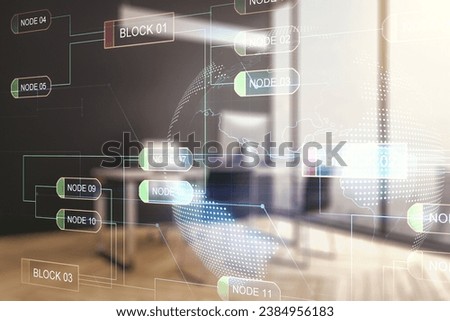 Abstract creative coding illustration with world map and modern desktop with pc on background, international software development concept. Multiexposure