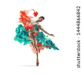 Abstract creative collage formed by color dissolving in water on white background. Bright combination of colors. Young dancer in clouds of smoke or dissolves. Graceful, flexibility and elegance.