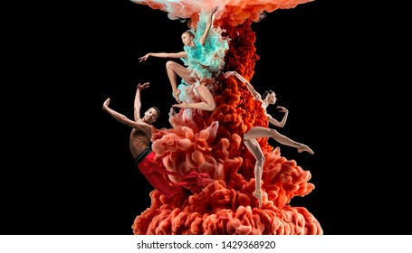 Abstract creative collage formed by color dissolving in water on black background. Bright combination of colors. Young dancers in clouds of smoke or dissolves. Graceful, flexibility and elegance.