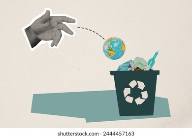 Abstract creative collage hand throws planet in trash can garbage irresponsible behaviour environmental pollution planet destruction ecosystem