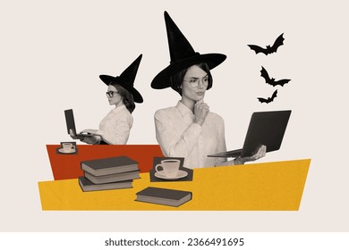 Abstract creative composite photo collage of intelligent witches read emil on laptop planing halloween isolated on painted background