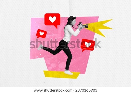 Abstract creative composite photo collage of famous popular photographer posting pictures in social media isolated on painted background