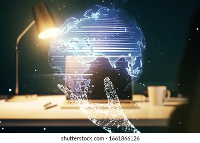 Abstract creative digital world map on modern computer background, globalization concept. Multiexposure