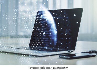 Abstract creative digital world map on modern computer background, globalization concept. Multiexposure