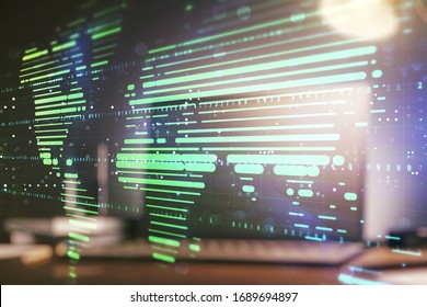 Abstract creative digital world map on modern computer background, globalization concept. Multiexposure