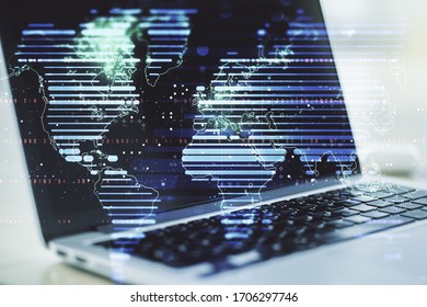 Abstract creative digital world map on modern computer background, globalization concept. Multiexposure