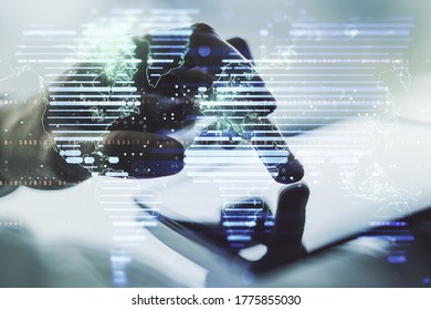 Abstract creative digital world map and finger clicks on a digital tablet background, globalization concept. Multiexposure