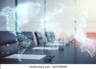 Abstract creative digital world map on a modern coworking room background, globalization concept. Multiexposure