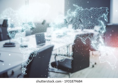 Abstract creative digital world map on a modern furnished classroom background, globalization concept. Multiexposure