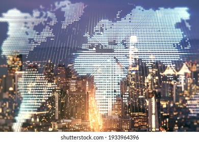 Abstract creative digital world map on San Francisco cityscape background, globalization concept. Multiexposure