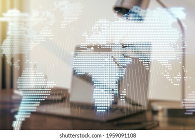 Abstract creative digital world map on modern computer background, globalization concept. Multiexposure