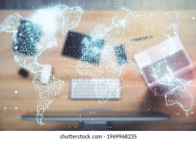 Abstract creative digital world map on modern computer background, globalization concept. Multiexposure