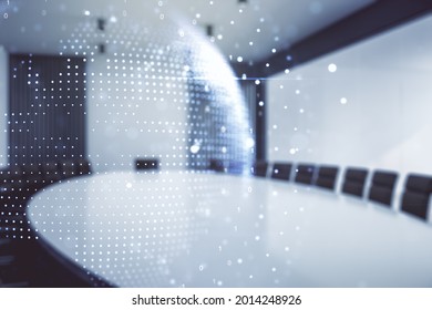 Abstract creative digital world map on a modern coworking room background, globalization concept. Multiexposure