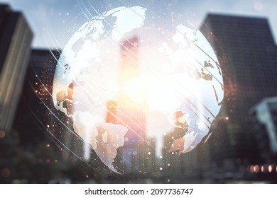 Abstract creative digital world map on modern architecture background, globalization concept. Multiexposure