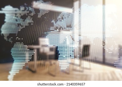 Abstract creative digital world map and modern desktop with pc on background, globalization concept. Multiexposure