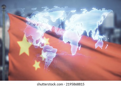 Abstract Creative Digital World Map On Chinese Flag And Skyline Background, Globalization Concept. Multiexposure