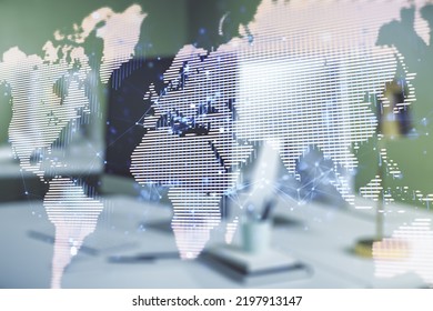 Abstract creative digital world map on modern computer background, globalization concept. Multiexposure