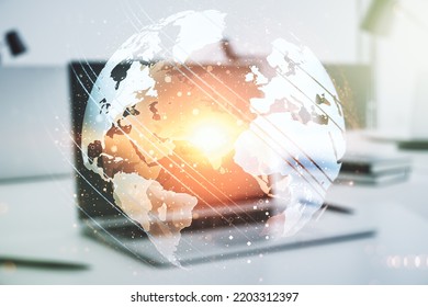 Abstract creative digital world map on modern computer background, globalization concept. Multiexposure