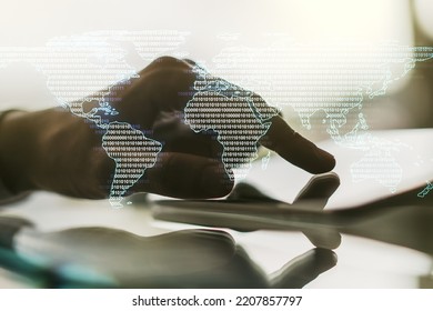 Abstract creative digital world map and finger clicks on a digital tablet background, globalization concept. Multiexposure