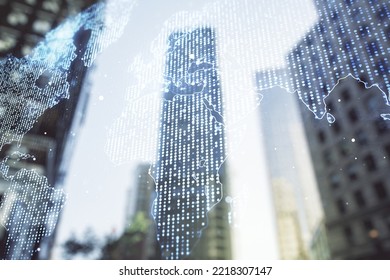 Abstract creative digital world map on modern architecture background, globalization concept. Multiexposure