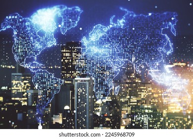 Abstract creative digital world map on San Francisco cityscape background, globalization concept. Multiexposure