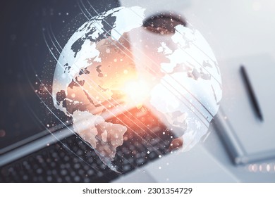 Abstract creative digital world map on modern computer background, globalization concept. Multiexposure