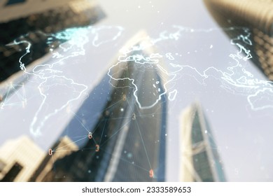 Abstract creative digital world map on modern architecture background, globalization concept. Multiexposure