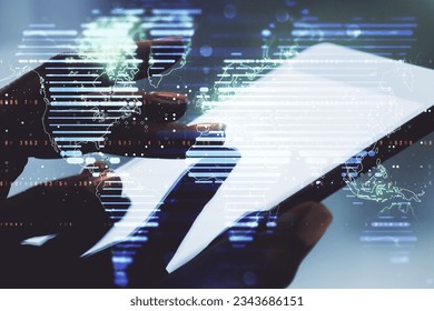 Abstract creative digital world map and finger clicks on a digital tablet background, globalization concept. Multiexposure