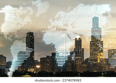 Abstract creative digital world map on Chicago cityscape background, globalization concept. Multiexposure
