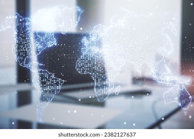 Abstract creative digital world map on modern computer background, globalization concept. Multiexposure