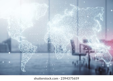 Abstract creative digital world map on a modern coworking room background, globalization concept. Multiexposure