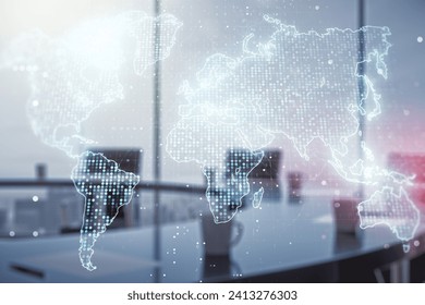 Abstract creative digital world map on a modern coworking room background, globalization concept. Multiexposure