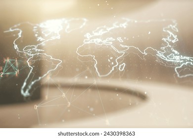 Abstract creative digital world map on modern interior background, globalization concept. Multiexposure