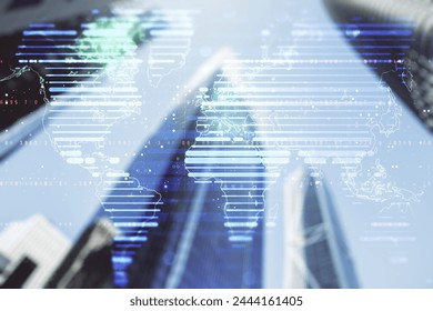 Abstract creative digital world map on modern architecture background, globalization concept. Multiexposure