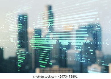 Abstract creative digital world map on blurry skyscrapers background, globalization concept. Multiexposure