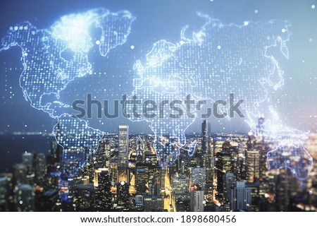 Abstract creative digital world map on Chicago cityscape background, globalization concept. Multiexposure